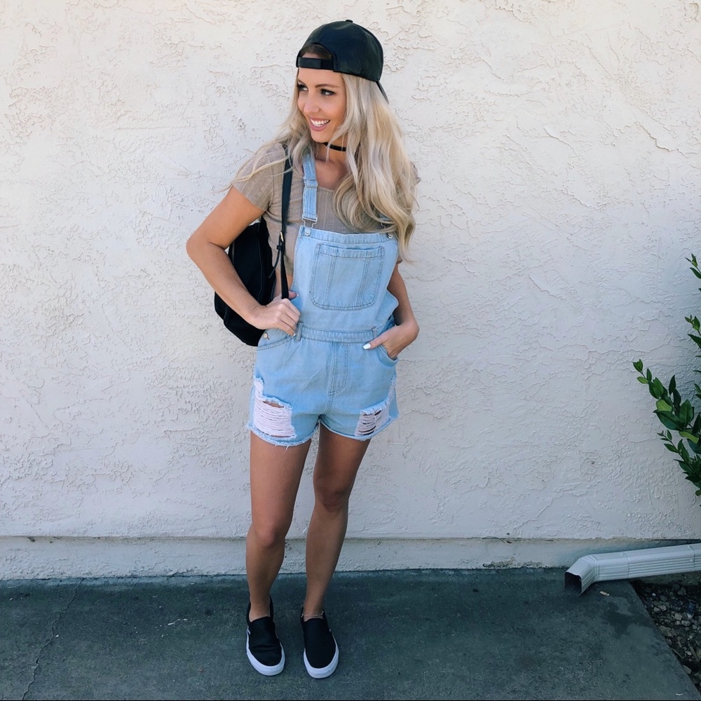 Honey Punch Denim Distressed Overalls
